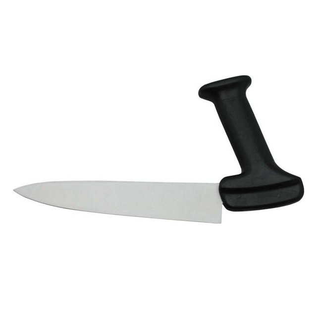 Ergonomisk kökskniv med silverfärgat blad och svart, vinklat handtag