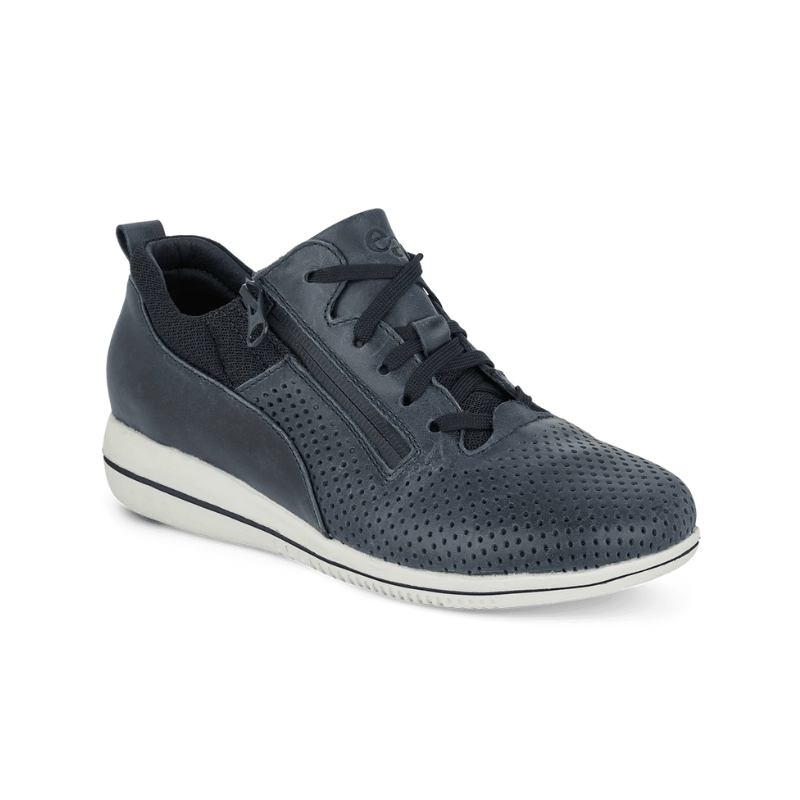 Green Comfort damsneaker i mörkblått med snörning och dragkedja på sidan, sedd snett framifrån