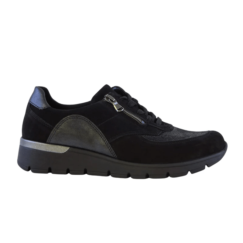 Svart Waldläufer damsneaker i läder och stretch, sedd från sidan med snörning och blixtlås