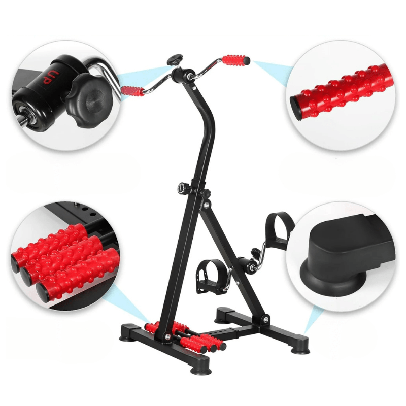 Pedaltränare med detaljer som visar justeringsratt, texturerade handtag och fotmassagerullar