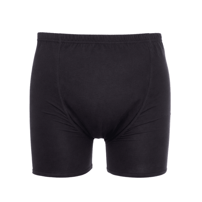 Svarta inkontinensboxershorts för män, sedda rakt framifrån med resår i midjan