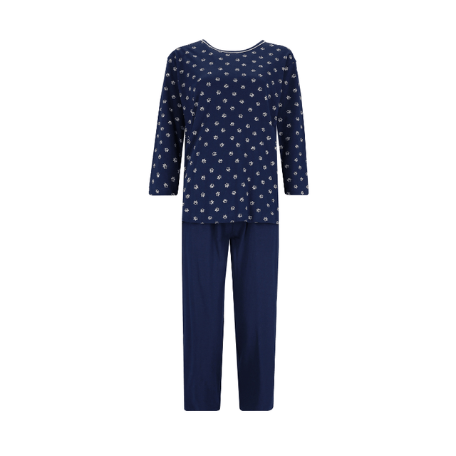Mörkblå dampyjamas från Hajo med långärmad blommönstrad tröja och enfärgade 3/4-byxor, plattlagd framifrån