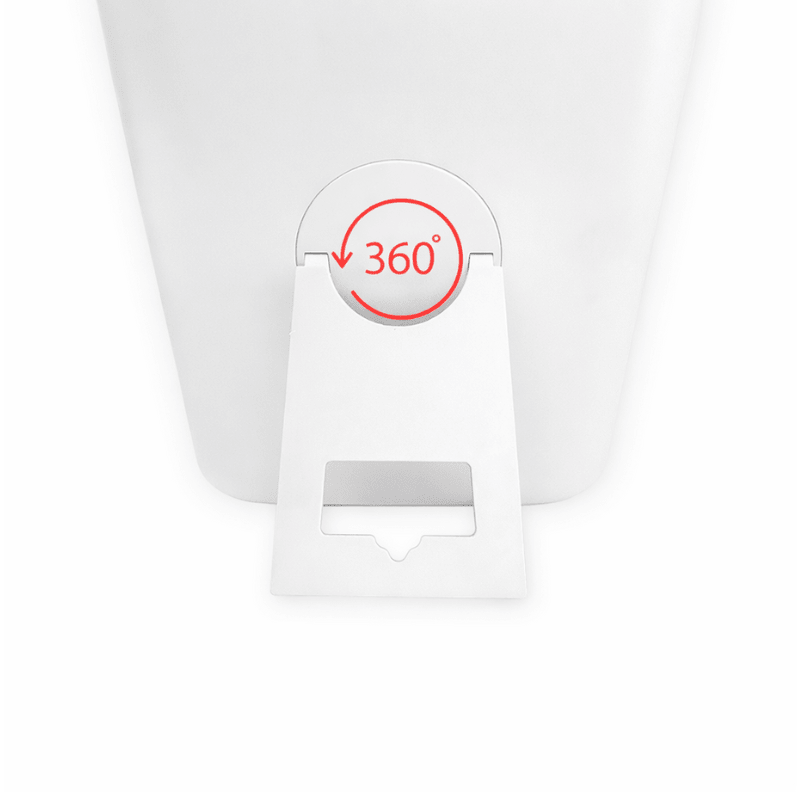 Detaljbild av spegelns vita roterbara stöd på baksidan, märkt med 360°-symbol