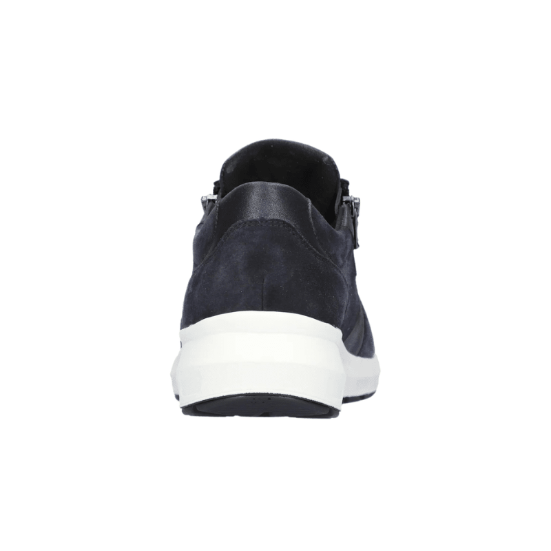 Waldläufer damsneaker i mörkblått läder och nubuck, sedd bakifrån med vit sula