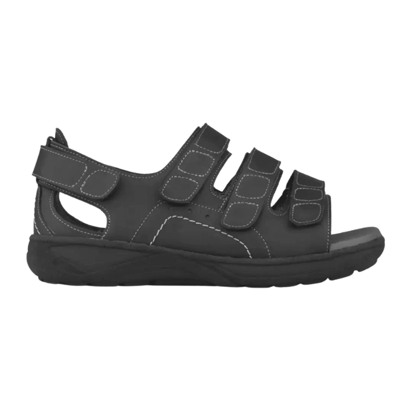 Svart New Feet herrsandal med tre justerbara kardborreband och halvöppen hälkappa, sedd från sidan