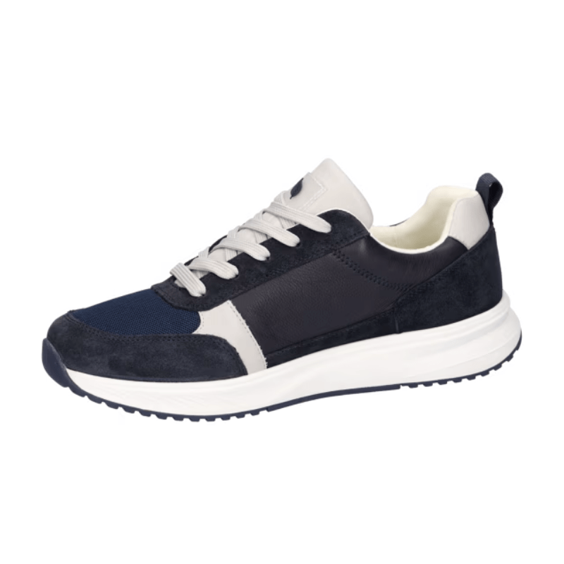 Mørkeblå Waldläufer herresneaker i skind og syntet, set fra siden med hvide snørebånd