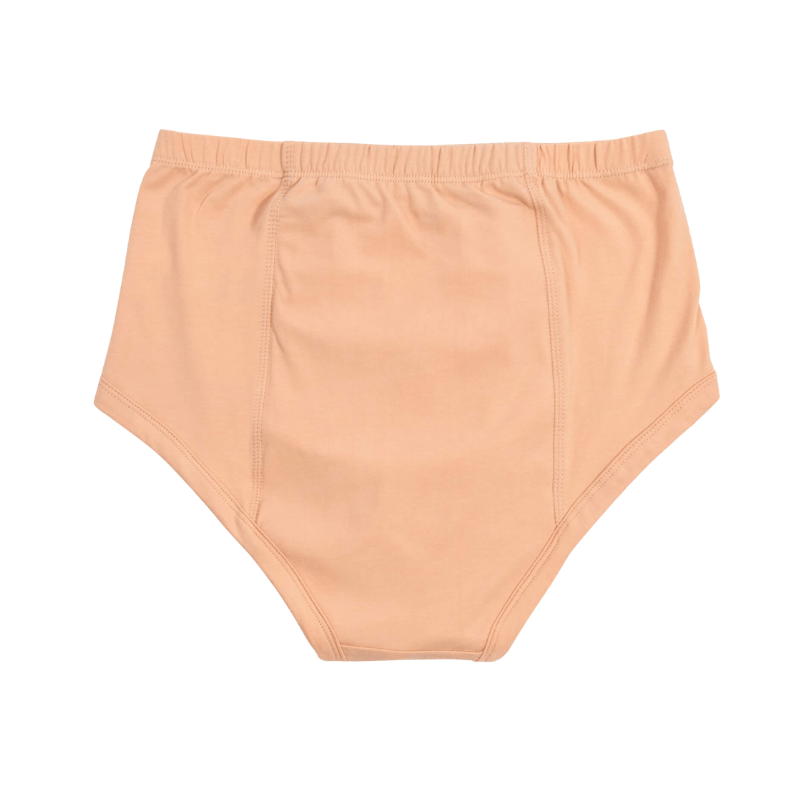 Beige inkontinenstrosa för kvinnor, plattlagd bakifrån med elastisk midja