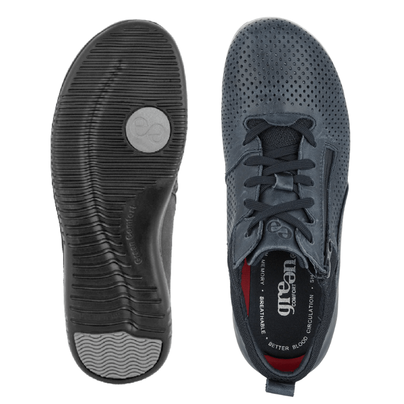 Mörkblå Green Comfort damsneaker sedd uppifrån och underifrån, visar sulans mönster och ovandelens detaljer