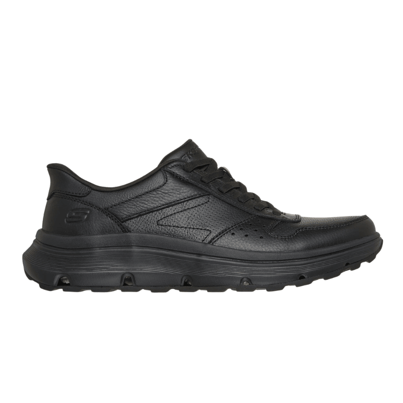 Svart Skechers slip-in herrsko i läder med snörning, sedd från sidan