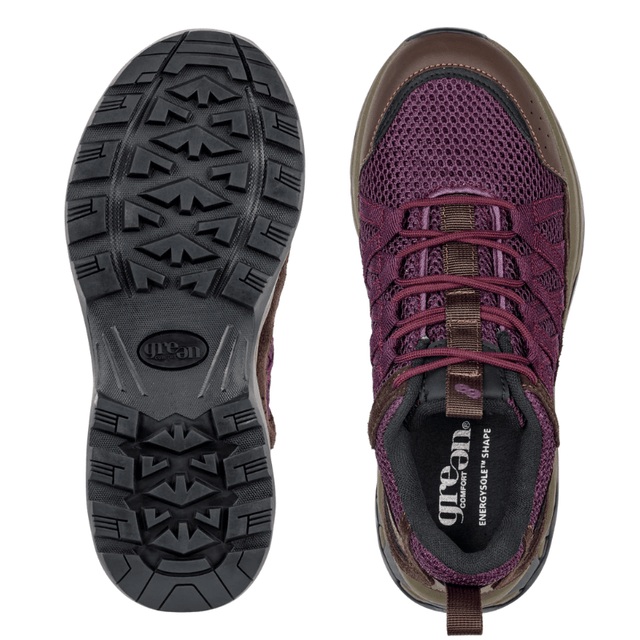 Ett par Green Comfort damsneakers, en sedd uppifrån med EnergySole, den andra visar den halkhämmande yttersulan