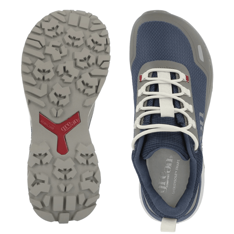 Blå Green Comfort damsneaker uppifrån och dess halkhämmande yttersula med mönster