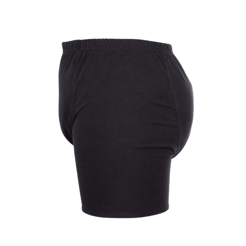 Svarta inkontinensboxershorts för män, sedda från sidan som visar passformen