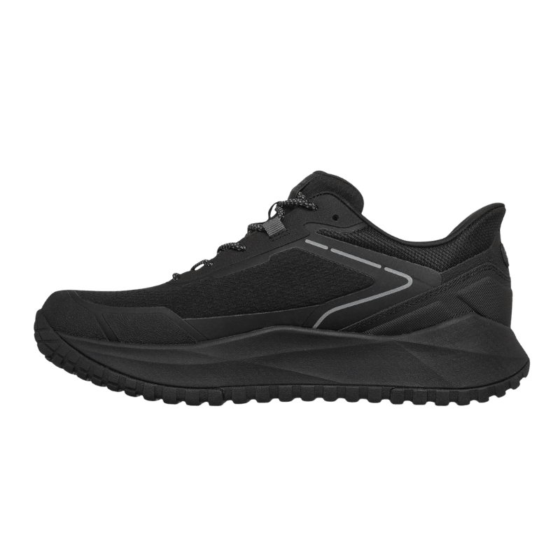 Svarta sportiga Skechers herrskor i syntetmaterial, sedda från höger sida med flexibel yttersula