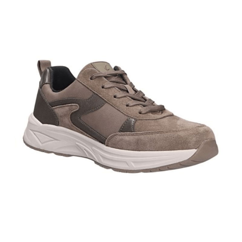 Brun Waldläufer herresneaker set skråt forfra, med snørebånd og den tykke hvide sål