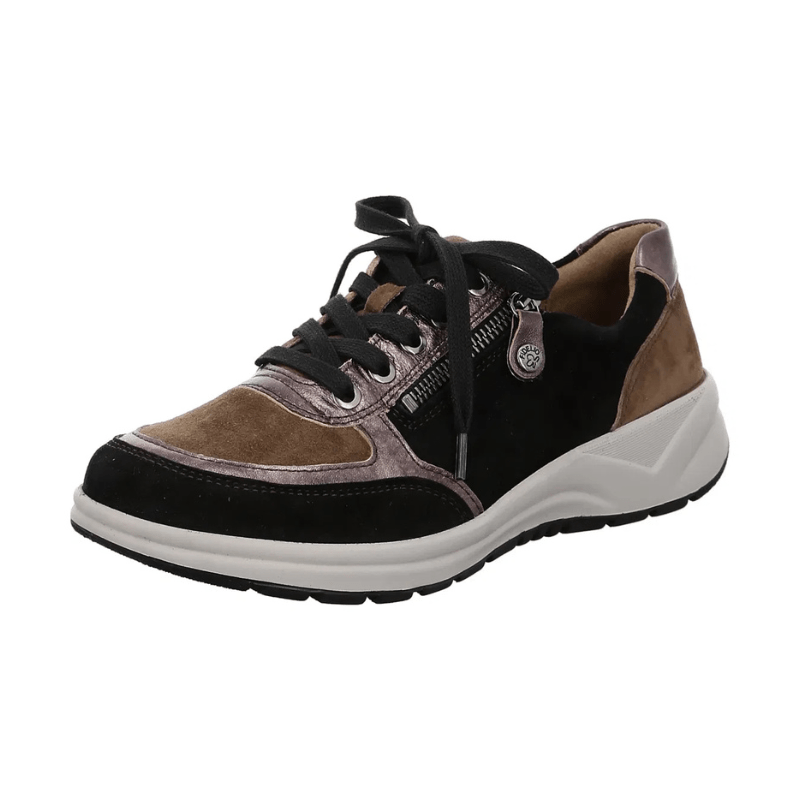 Fidelio damsneaker i svart och brunt med dragkedja på sidan och elastiska snören, sedd snett framifrån