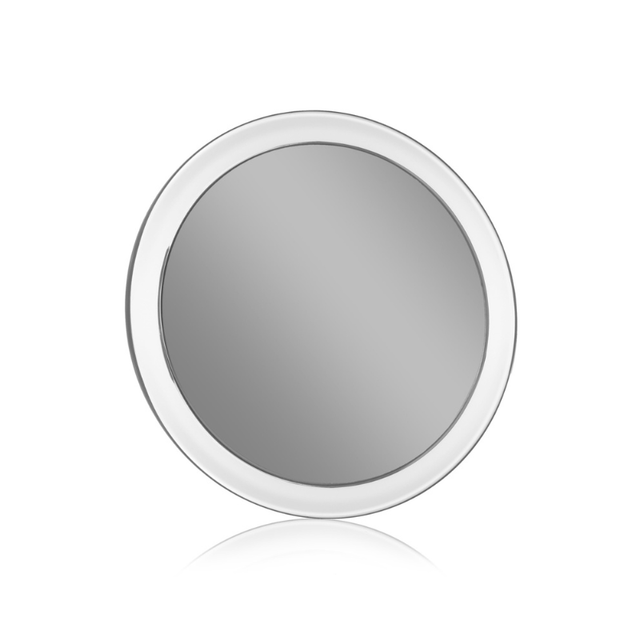 Rundt makeupspejl med hvid kant, set forfra, reflekterer lys