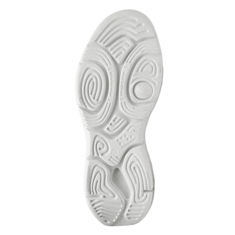 Vit sula på CallagHan damsneaker med Adaptaction-mönster och text, sedd rakt underifrån