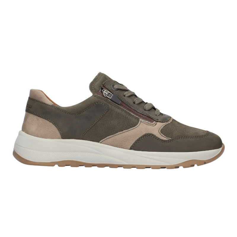 Olivengrøn Waldläufer herresneaker i nubuck med snørebånd og lynlås set fra siden