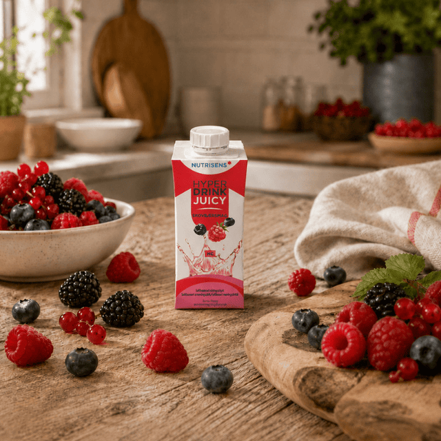 En förpackning Nutrisens näringssaft med skogsbärssmak omgiven av färska bär på ett rustikt träbord