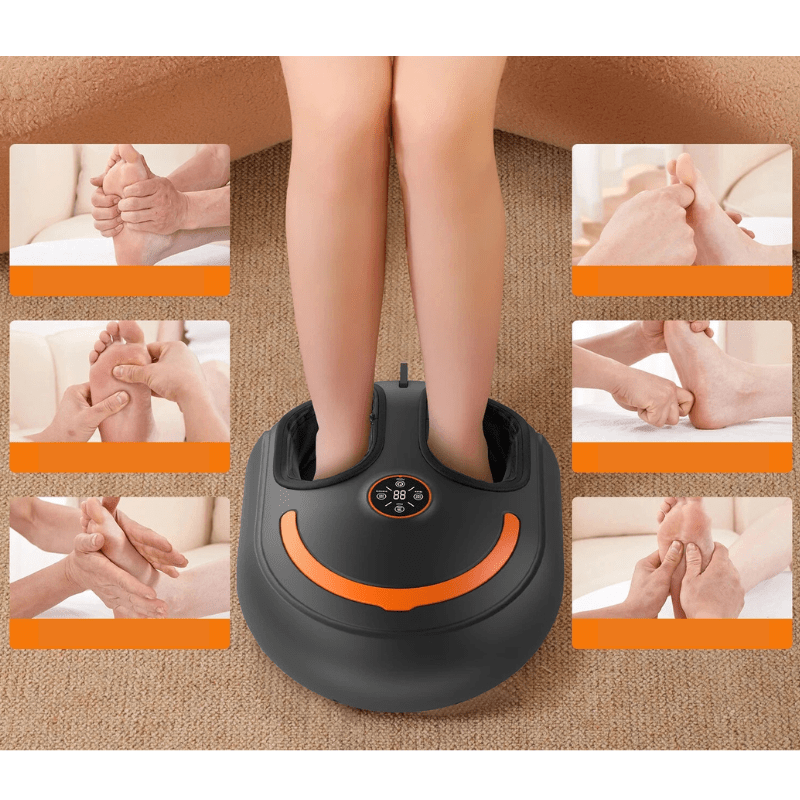 Fötter i en elektrisk fotmassageapparat på en matta, omgiven av bilder på fotmassage