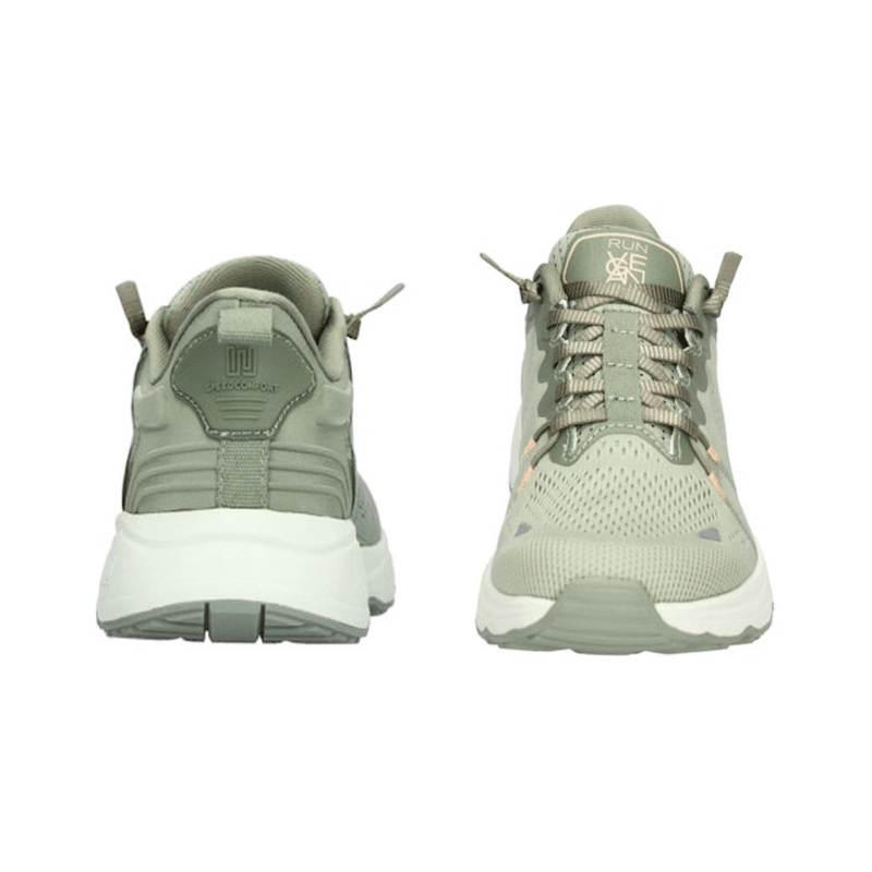 Olivgröna Waldläufer damsneakers, en sedd framifrån med elastiska snören och en sedd bakifrån med hälrem