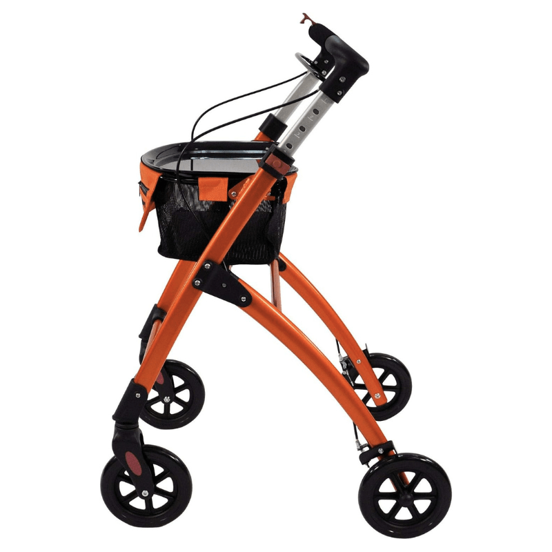 Orange inomhusrullator Jaguar sedd från sidan med svarta hjul och höjdjusterbara handtag