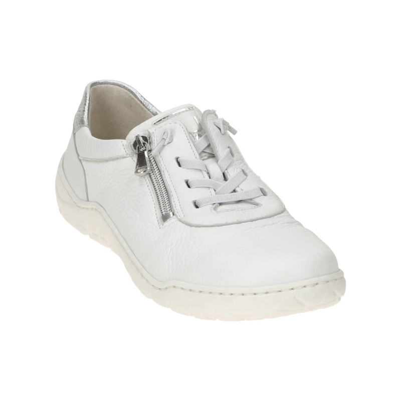 Vit Waldläufer damsneaker med dragkedja och snörning, fotograferad snett framifrån
