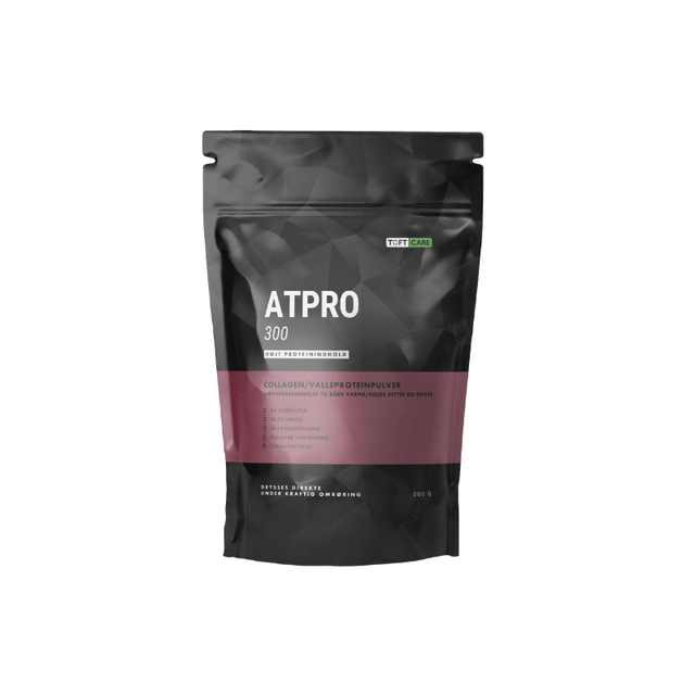 Svart påse Atpro 300 proteinpulver 500 g med rosa detaljer och vit text, sett framifrån