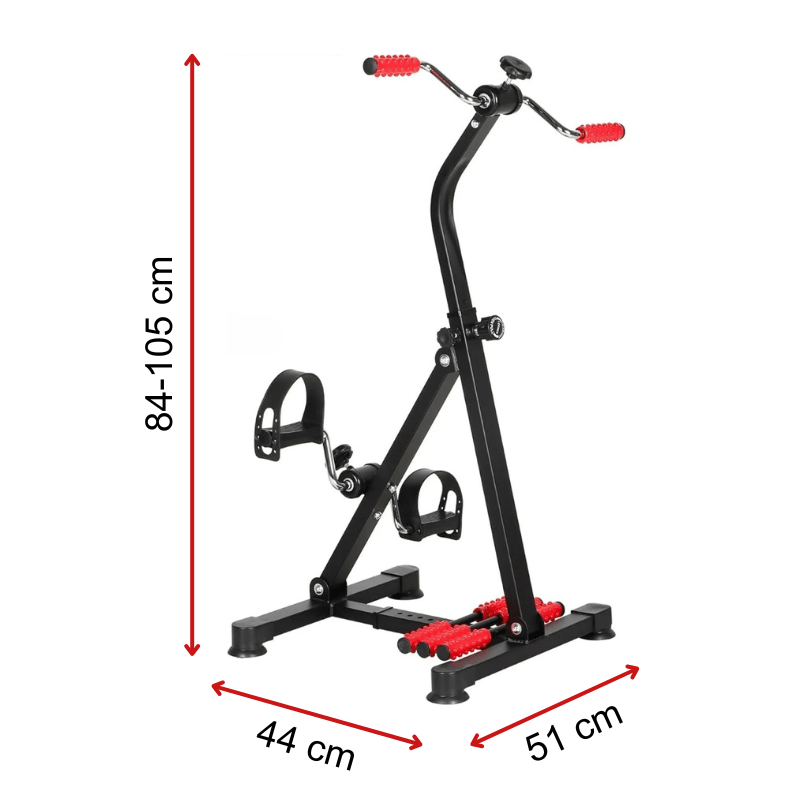 Pedaltränare i svart och rött med pilar som visar höjd 84-105 cm, bredd 44 cm och djup 51 cm