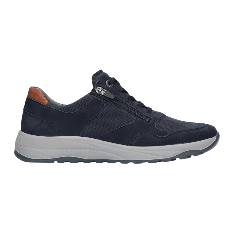 Marinblå Waldläufer herrsneaker i läder med snörning och dragkedja på sidan, sedd från sidan