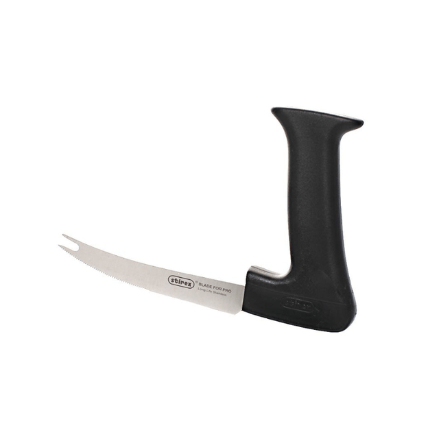 Ergonomisk grönsakskniv med svart vinklat handtag och silverfärgad sågtandad klinga med dubbel gaffelspets