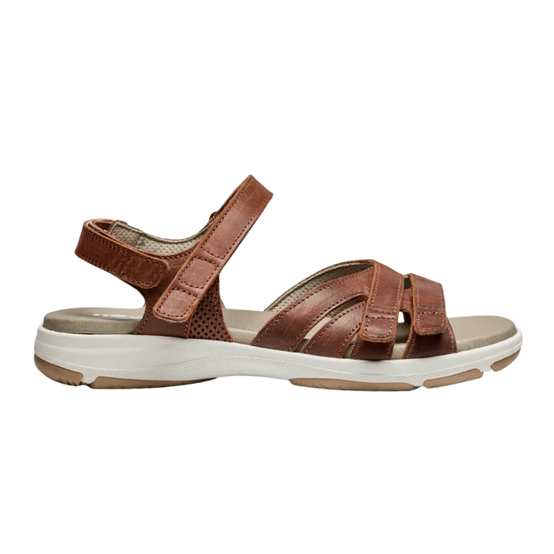 Brun New Feet damsandal med tre breda kardborreband och justerbar hälrem, sedd från sidan