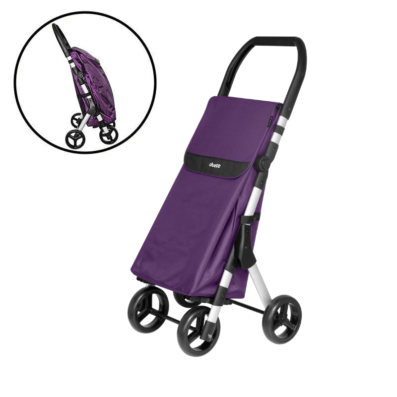 Lila Muuvi Up dramatenväska med fyra hjul och ergonomiskt handtag, samt en bild av den hopfälld