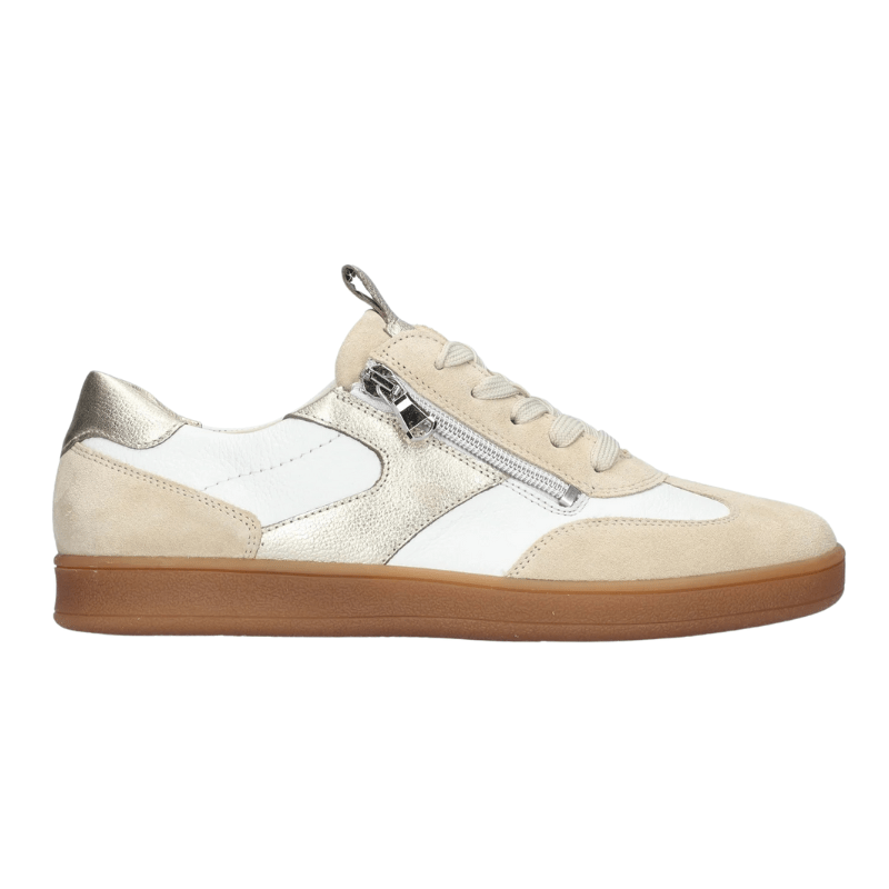 Waldläufer damsneaker i beige mocka och vitt läder med guldfärgade detaljer och dragkedja på sidan, sedd från sidan