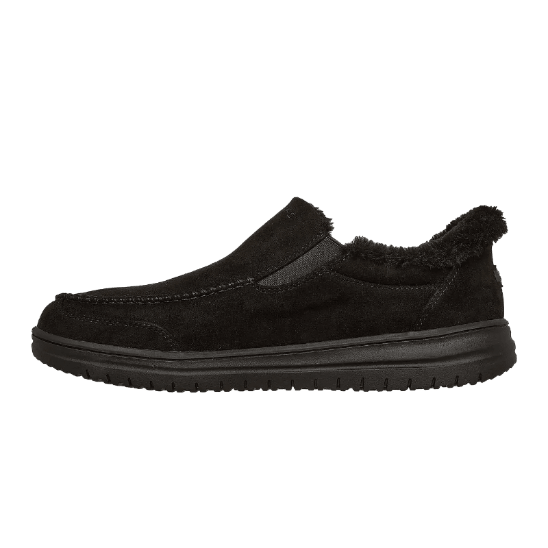 Svart Skechers herrtoffel med mjukt foder och Hands Free Slip-ins-design, sedd från höger sida
