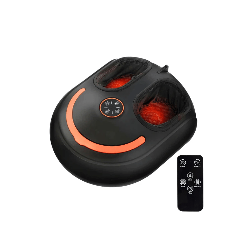 Svart elektrisk fotmassageapparat med orange detaljer och tillhörande fjärrkontroll