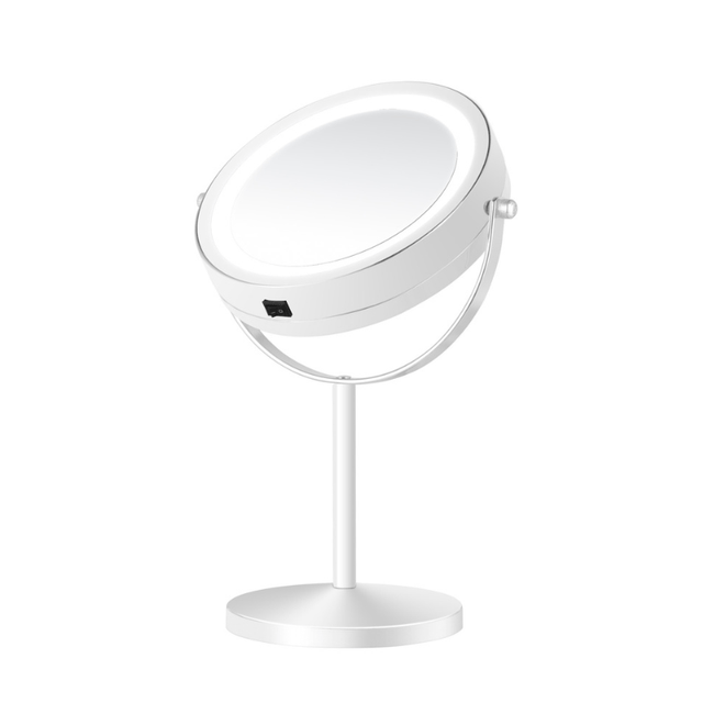 Hvidt makeup-spejl med LED-lys, vippet til siden for at vise justerbar vinkel og tænd/sluk-knap