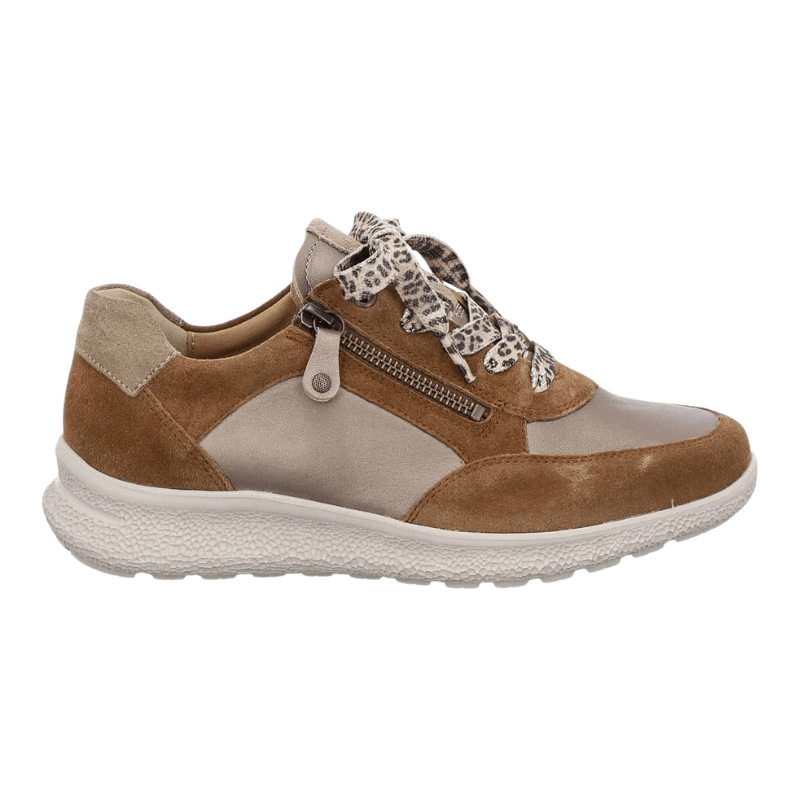 Brun Hartjes damsneaker med bronsdetaljer, leopardmönstrade skosnören och dragkedja, sedd från sidan