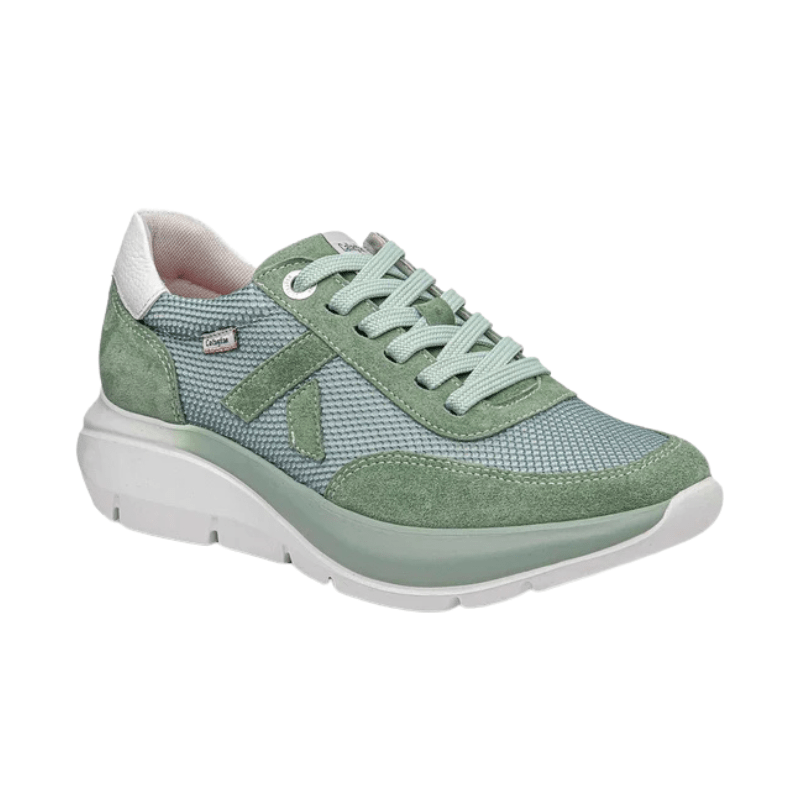 Grön CallagHan damsneaker i mocka och mesh, sedd snett framifrån med vita snören och sula