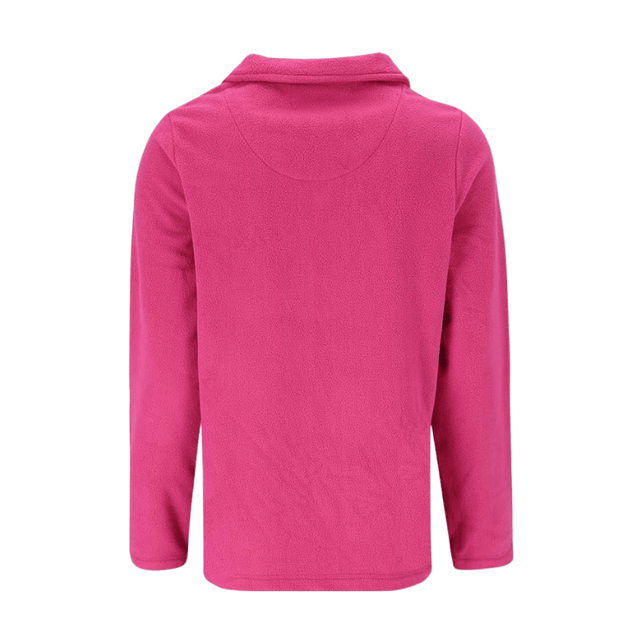 Baksidan av en mjuk rosa fleecetröja med långa ärmar och en liten krage