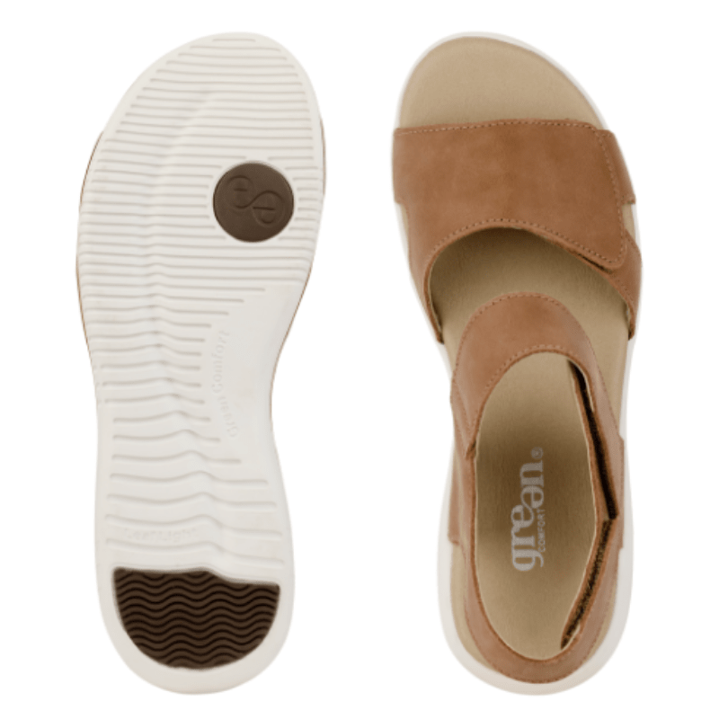 En Green Comfort damsandal sedd uppifrån och en sula med halkskydd och EnergySole-logga, sedda ovanifrån