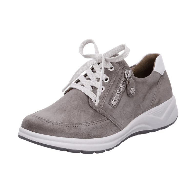 Fidelio damsneaker i sandfärgad nubuck, sedd snett framifrån med snörning och dragkedja
