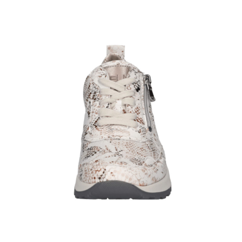 Waldläufer damsneaker med ormskinnsmönster, snörning och dragkedja, sedd framifrån