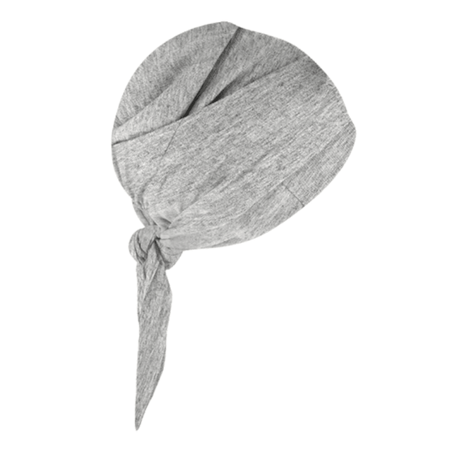 Grå sjalmössa med bandana-look, knuten baktill, i mjukt tyg för känslig hårbotten
