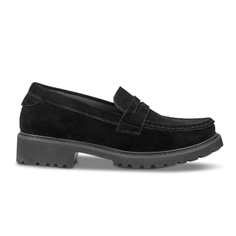 Svart Green Comfort damloafer i mocka, sedd från sidan med tjock räfflad sula