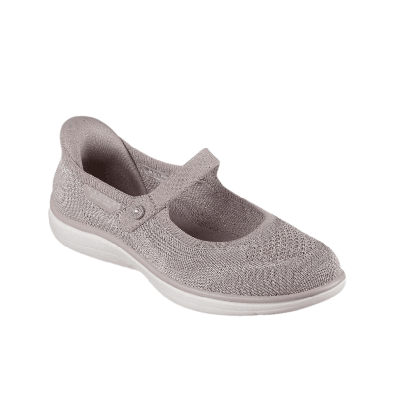 Naturfärgad Skechers slip-in ballerinasko för damer i stickat material, sedd snett framifrån