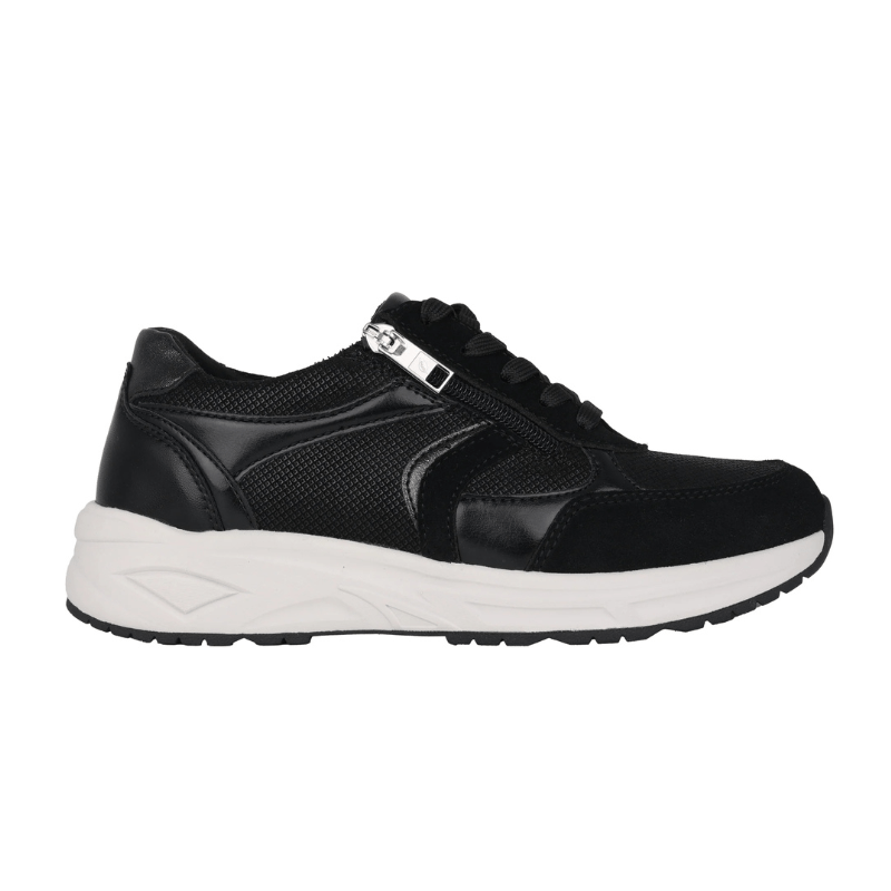 Svart Waldläufer damsneaker i läder och mocka med snörning och dragkedja på sidan, sedd från sidan