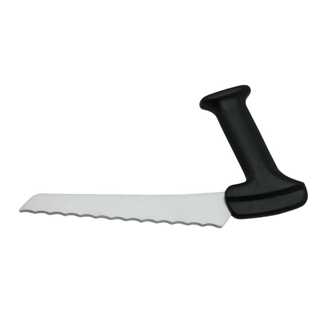 Ergonomisk brödkniv med silverfärgat vågformat blad och vinklat svart handtag, sedd från sidan