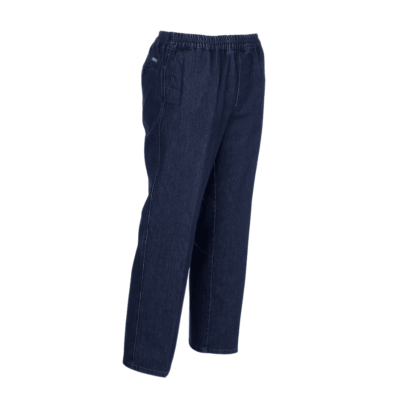 Mörkblå Brühl jeans med resår i midjan, sedda snett framifrån med en liten etikett på sidan