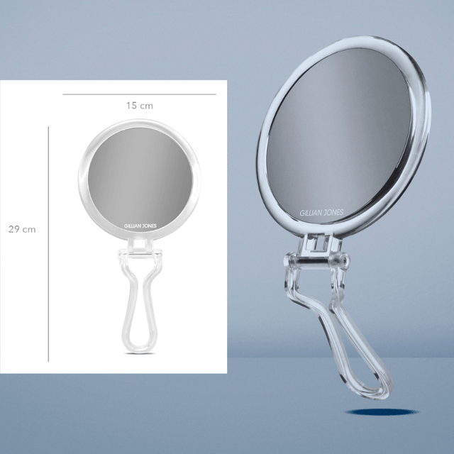 Sminkspegel med förstoringsfunktion och måttangivelser, visar spegelns diameter och totala längd